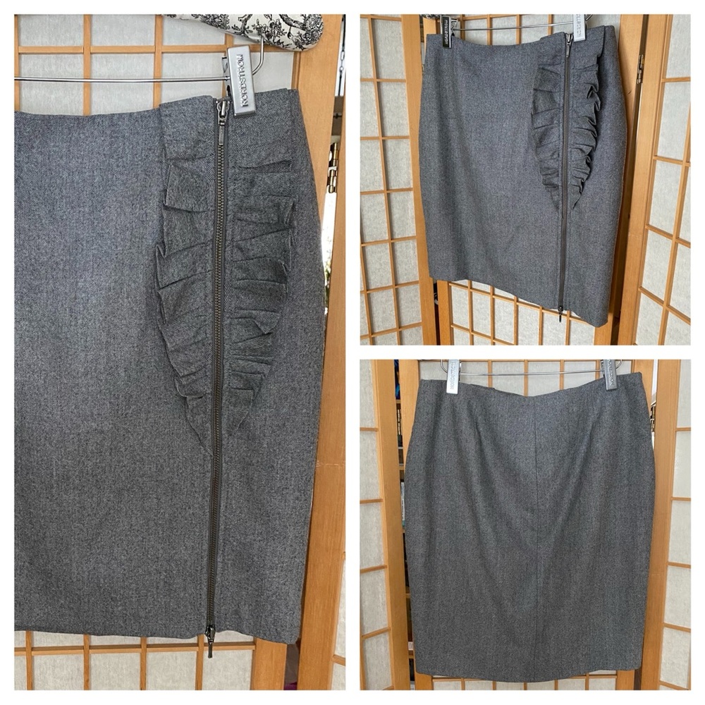 Banana Republic Grey Wool Front Full Zip Ruffle Detail Skirt SZ 10